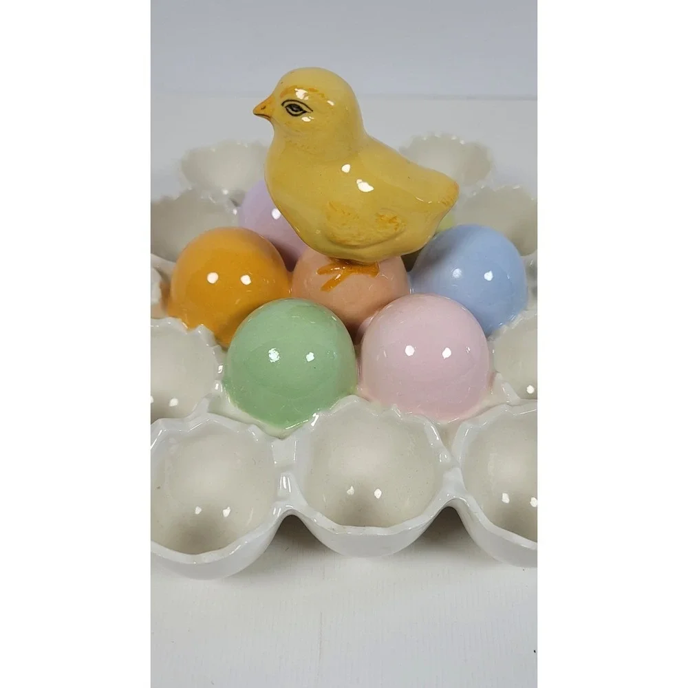 Vintage Easter Egg Ceremic Holder Chick With 12 Cracked‎ Egg Holders Deviled